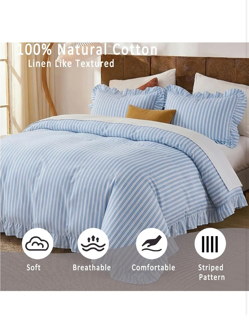 NEW Merryword 100% Cotton Blue/White Striped Duvet Cover Set Queen. Ruffle Trim